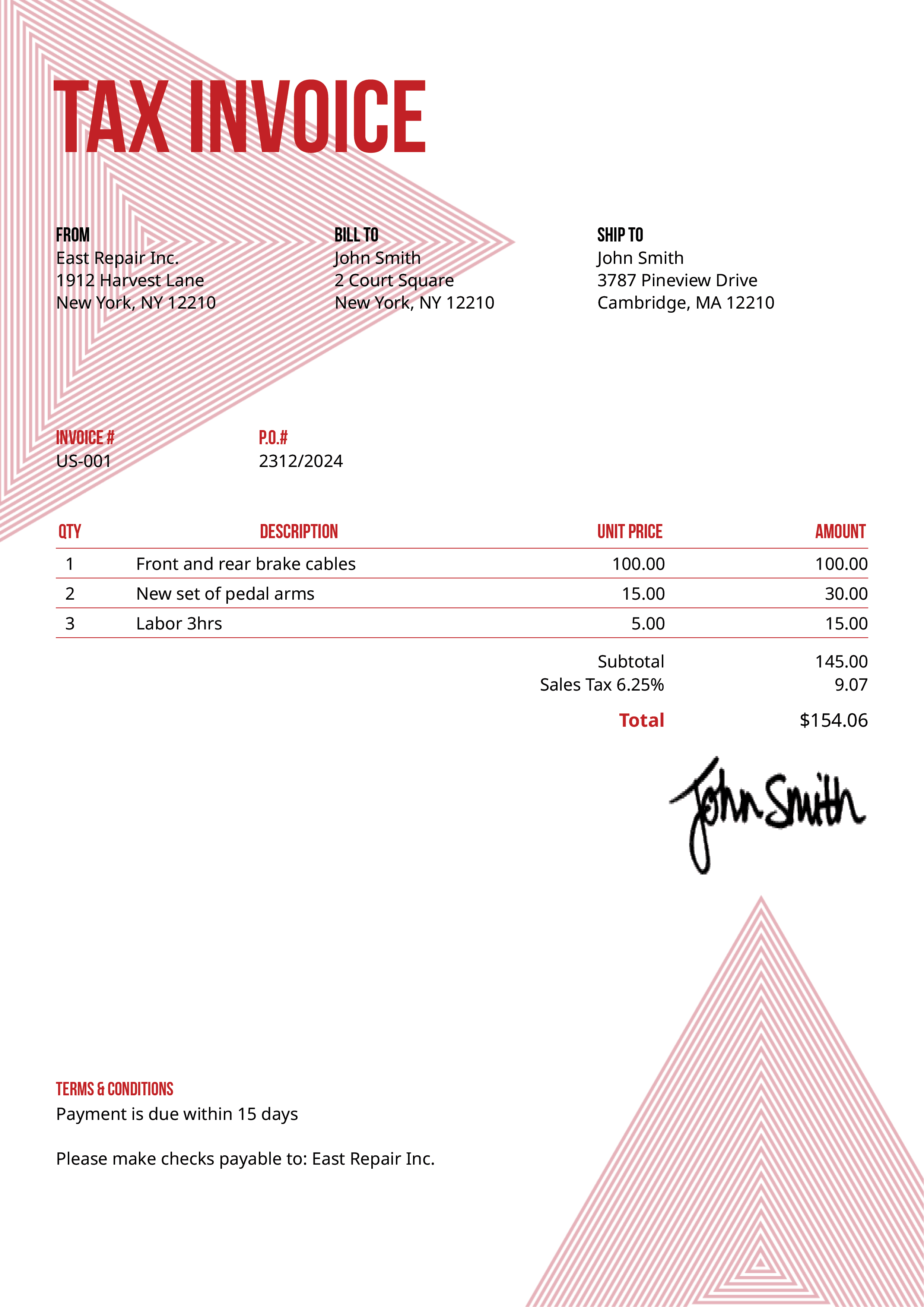 Tax Invoice Template Us Triangles Red 