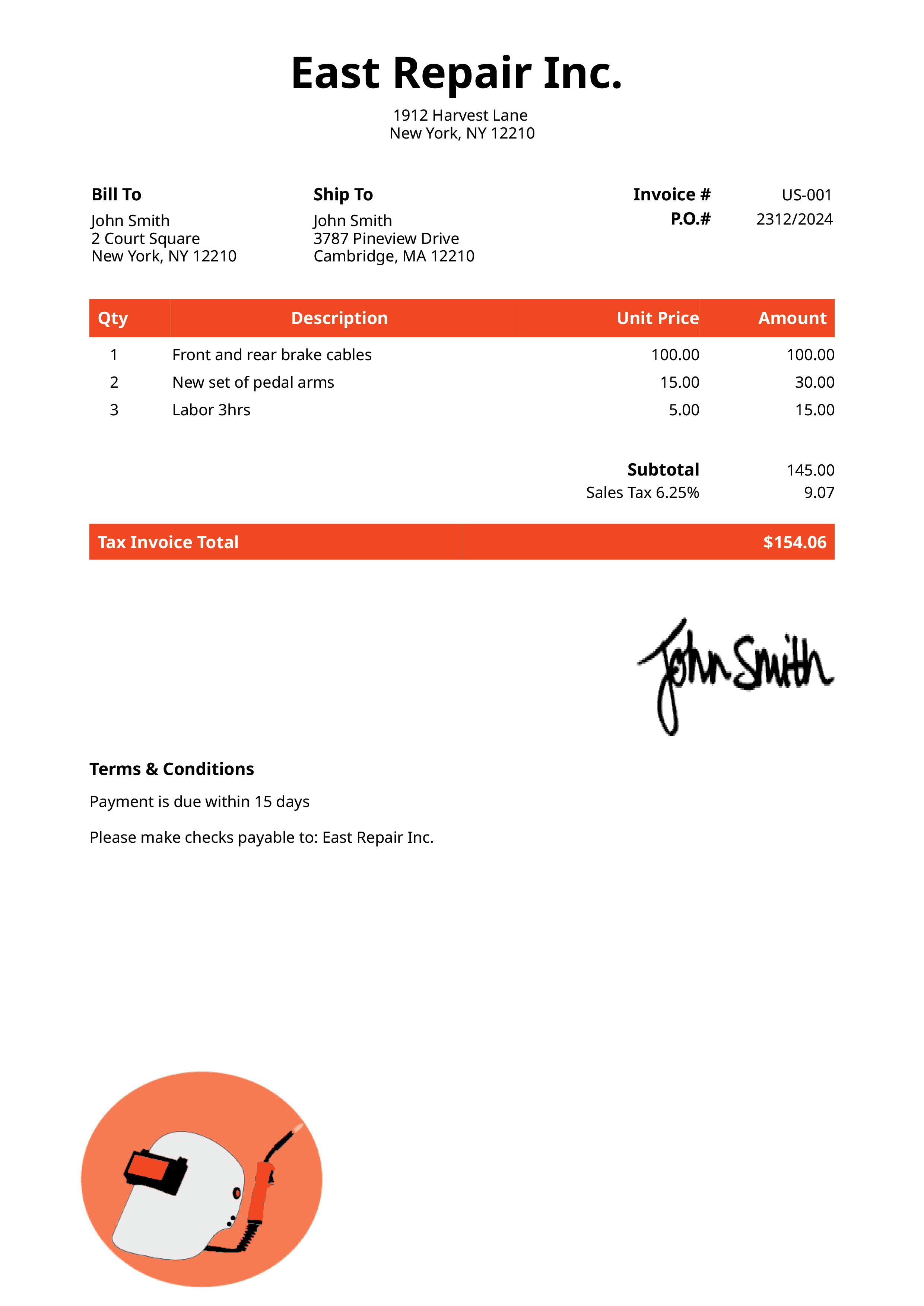 Tax Invoice Template Us Welder Orange 