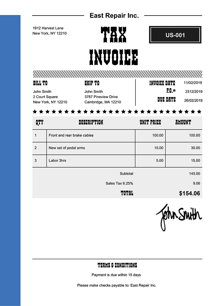 Tax Invoice Template Us Western Blue 