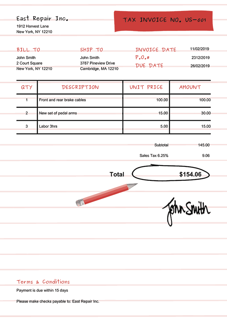 Tax Invoice Template Us Workbook Red 